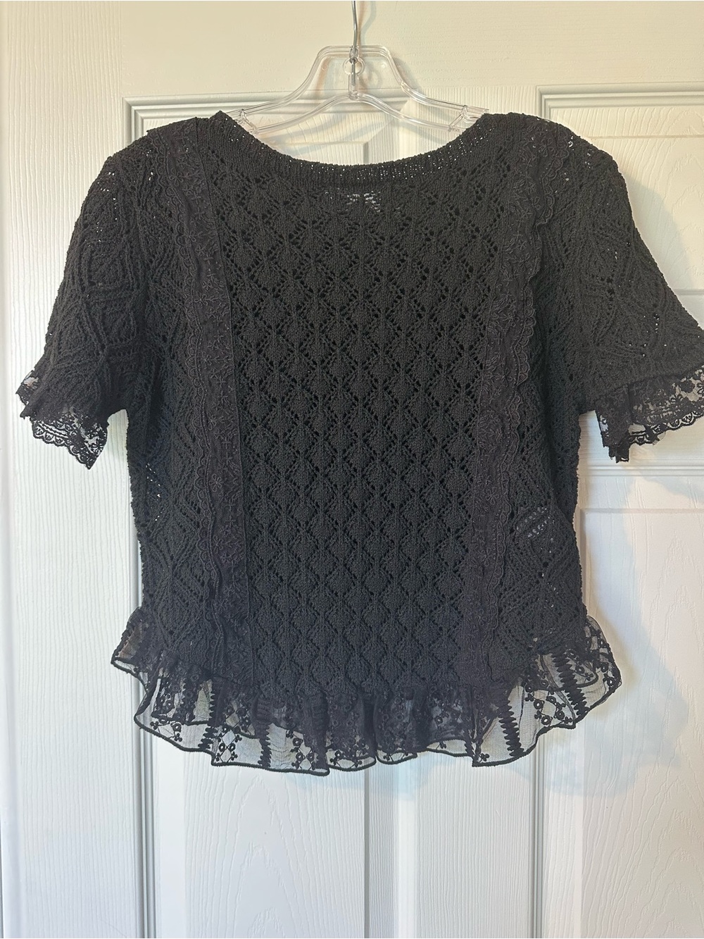 Bluivy Black Crochet Lace Short-Sleeve Top with Ruffle Hem